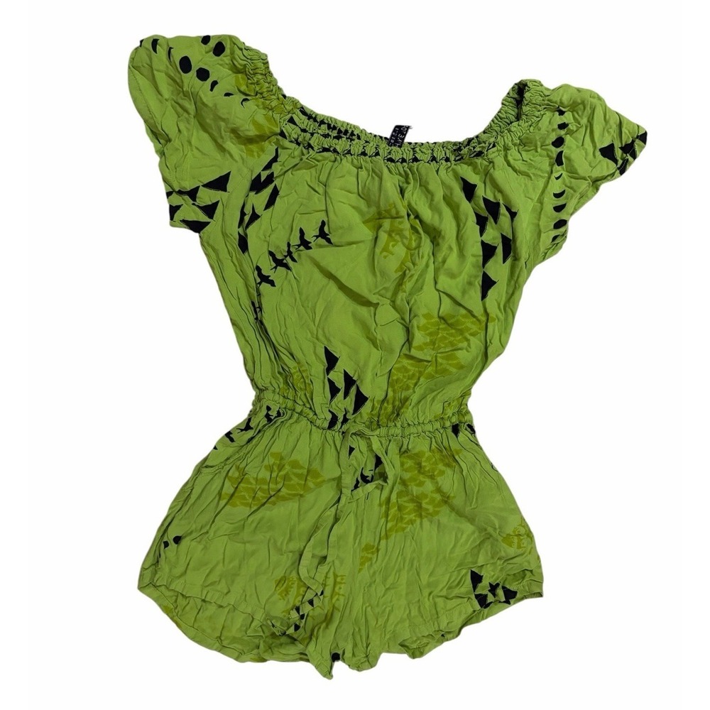 Wahine Toa Designs Women's Green Print lole Rayon Romper Iwa Jumpsuit Sz XXS